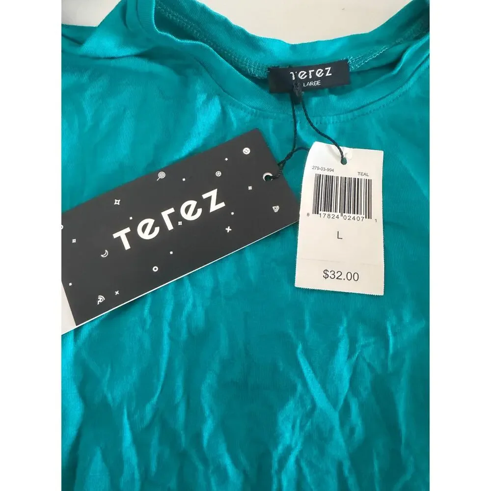 NWT Terez Girls Teal Blue Short Sleeve Side Tie Waist Top Youth Size Large